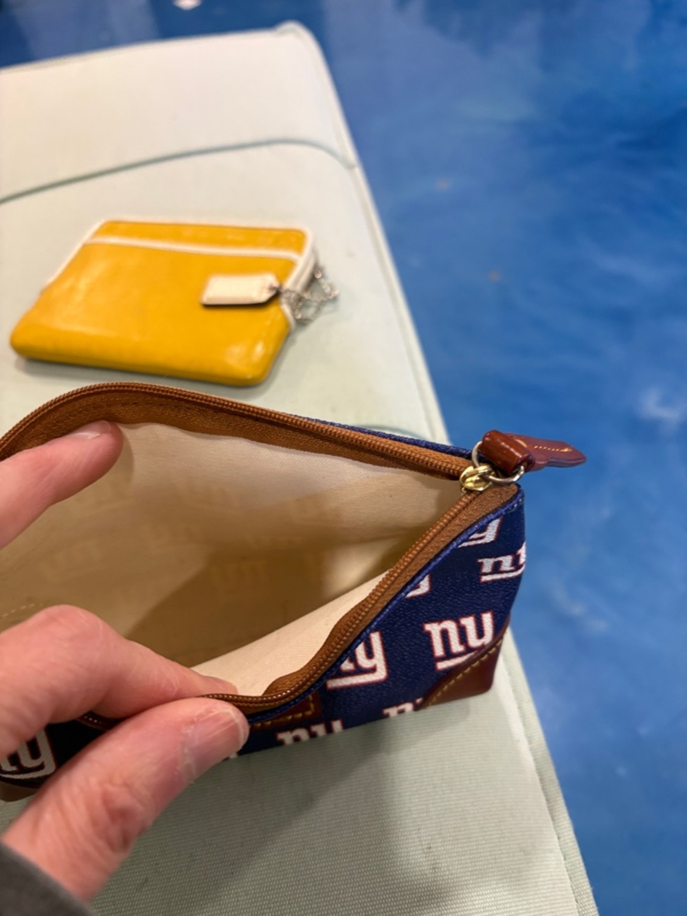 Dooney & Bourke Blue NY Logo Zip Pouch with Brown Leather Patch - Picture 6 of 7